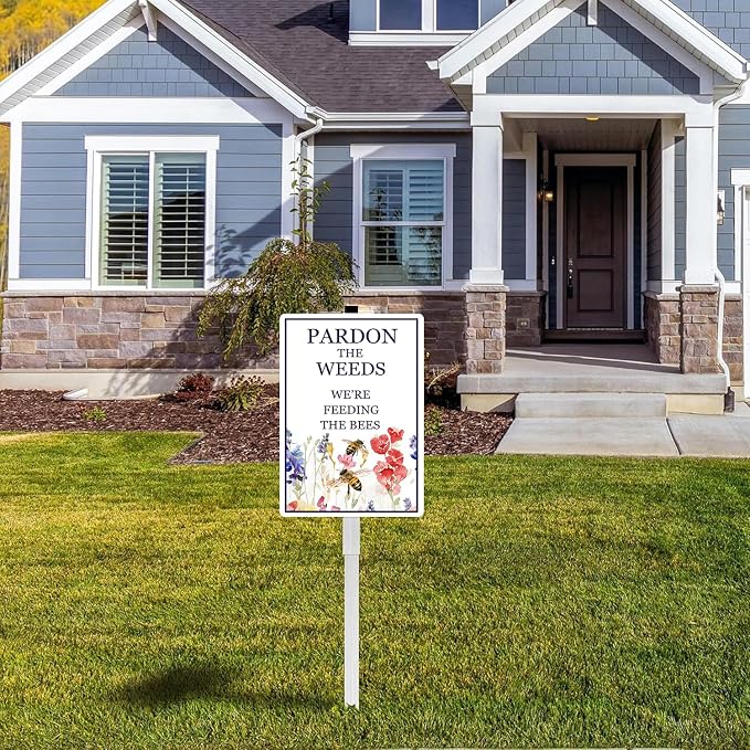 Pardon The Weeds We're Feeding The Bees Yard Sign With Stakes 8x12 inches Rustproof Reflective Aluminum Save Bees Pollinator Garden Sign Stand No Mow Sign Outdoor