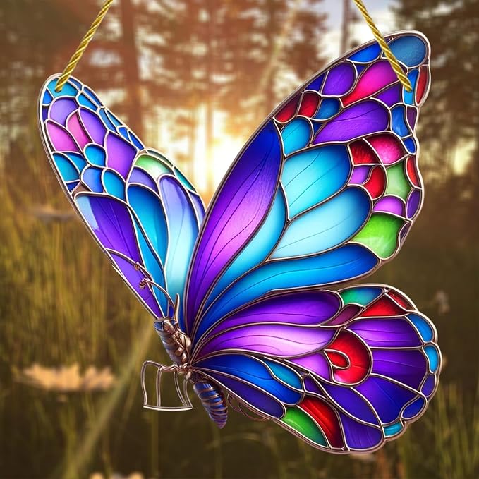 Color Butterfly Stained Window Hanging Ornament, Butterfly Shape Garden Stained Acrylic Double-Sided Printed Window Panel, Great Gift for Mom Grandma for Birthday Mother's Day or Housewarming