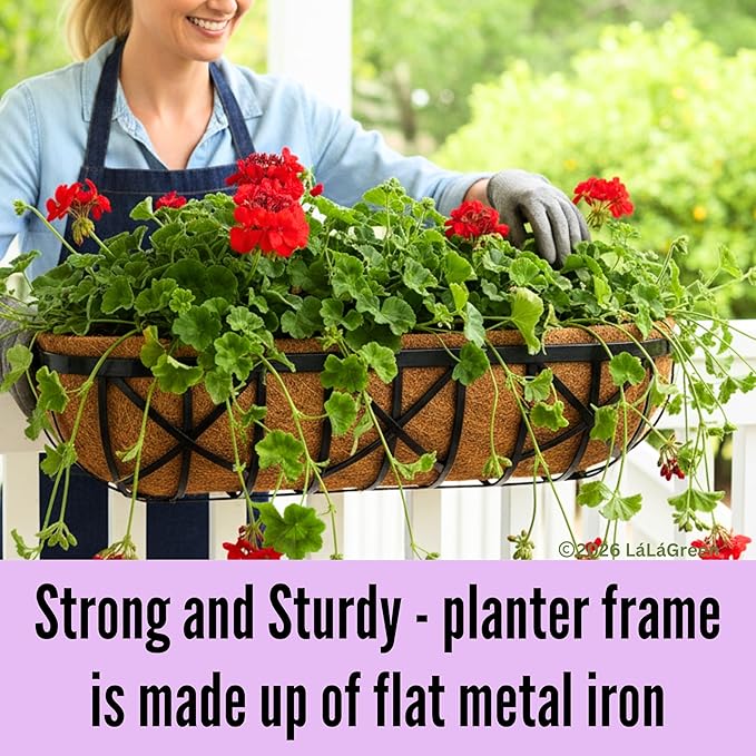 LaLaGreen 24 Inch, 4 Pack Railing Planters with Adjustable Mounting Brackets – Black Metal Window Planter Boxes for Outdoor Gardening, Wall-Mount Flower Pots, Balcony Fence Patio, Porch, Garden