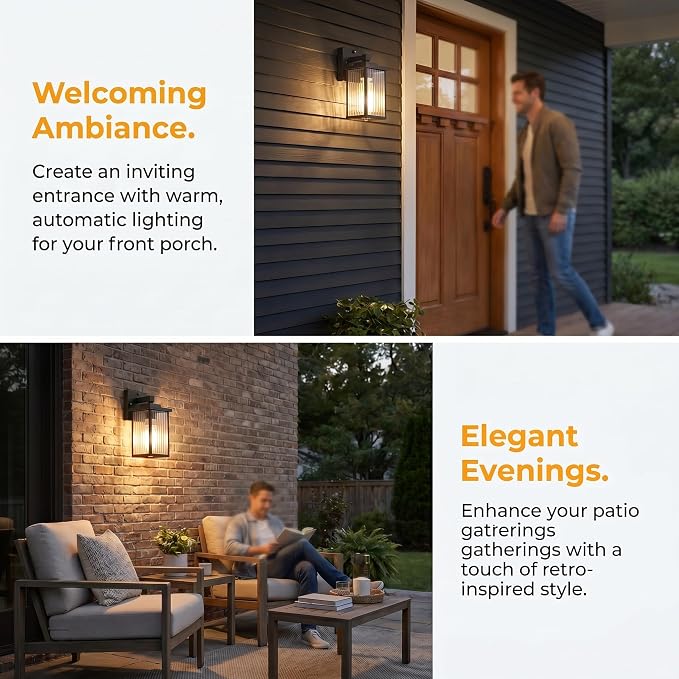 Dusk to Dawn Porch Light, Outdoor Wall Light, All-Metal Frame | Auto On and Off, Rust-Resistant, Tempered Glass, Easy DIY Install on Porch, Garage
