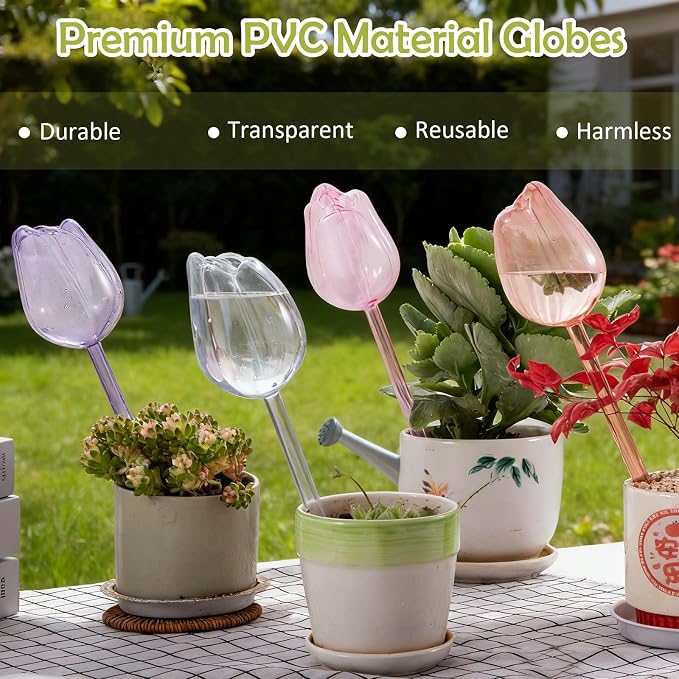 Creative Flower-Shaped Self Watering Globes for Indoor Outdoor Plants – 2"x2"x5" PVC Automatic Drip Irrigation Bulbs for Vacation – Cute Lazy Watering System for Garden & Home Decor (Champagne)