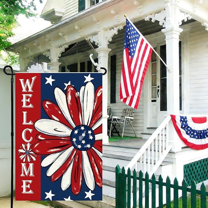 4th of July Garden Flag 12x18 Inch Double Sided, Patriotic Memorial Day Floral Flag for Yard Outdoor Decoration