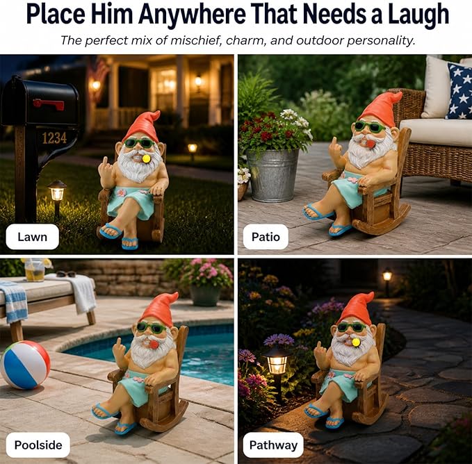 Funny Garden Gnome Statue 7.1", Solar Gnome in Rocking Chair, Outdoor Garden Decor Lawn Ornament for Yard Patio Porch, Fathers Day Birthday Gifts for Men Dad Grandpa