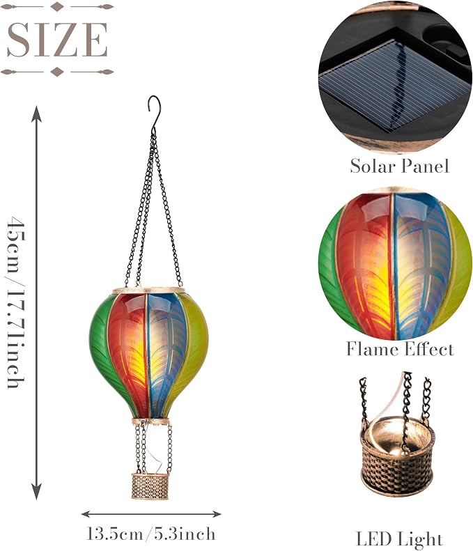 TERESA'S COLLECTIONS Hot Air Balloon Solar Lantern for Garden Decor ,Flickering Flame Hanging Solar Light for Outdoor ,Colorful Plastic Lamp for Yard Tree Gift for Mom