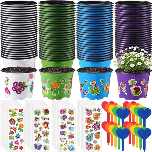 100 Sets Garden Pot Craft Kit, Flower Plant Spring Craft Including Plastic Nursery Plant Pots Labels Tags Stickers for DIY Flower Planting Growing Birthday Arts Kit (Cute)
