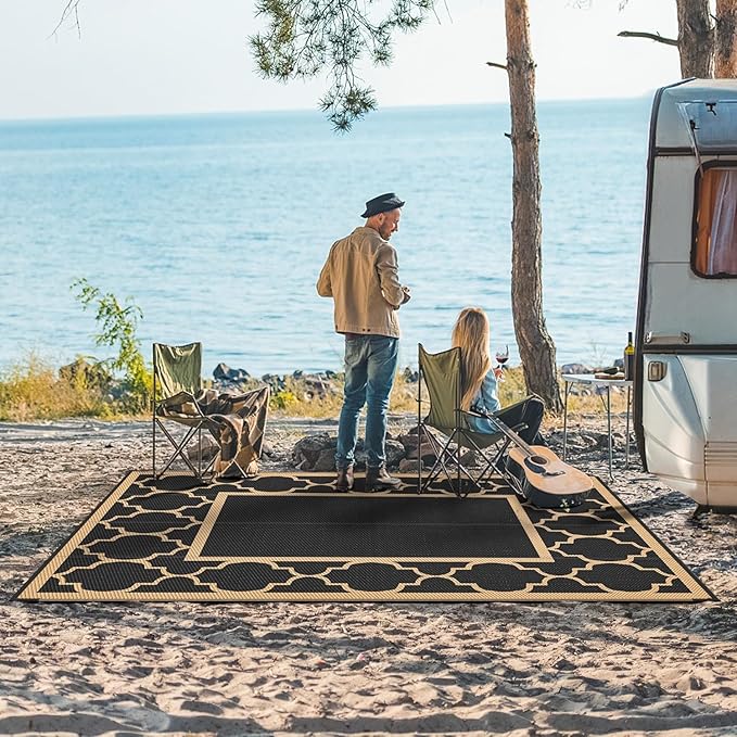 GENIMO Outdoor Rug 8' x 10' Patio Waterproof, Foldable Reversible Plastic Straw Area Rugs Mat for Camper Decor, Outside Carpet for Rv, Deck, Porch, Picnic, Beach, Balcony, Black & Brown
