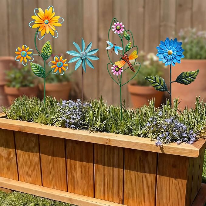 8 Pcs Metal Flower Garden Stake for Outside Outdoor 14" 5D Summer Wildflowers Metal Sign Waterproof Decoration Bird Dragonfly Windmill Landscape Ornament for Lawn Yard Garden Patio Porch Art
