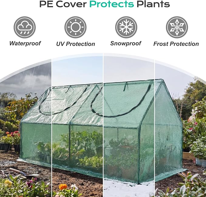 BPS 6x3x3 ft Mini Greenhouse with Green PE Cover Cover UV-Protected Roll-Up Zipper Windows, Ideal for Indoor or Outdoor Use on Raised Garden Beds