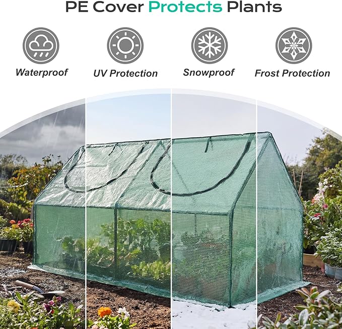 BPS 4x2x2 ft Mini Greenhouse with Green PE Cover UV-Protected Roll-Up Zipper Windows, Ideal for Indoor or Outdoor Use on Raised Garden Beds