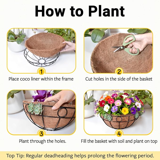 ZeeDix 2 Pack 14 Inch Metal Outdoor Plant Hanging Baskets, Round Wire Planter Basket with Coco Coir Liner, Large Hanging Flower Pots for Outdoor Garden Yard Patio Porch Balcony Decor