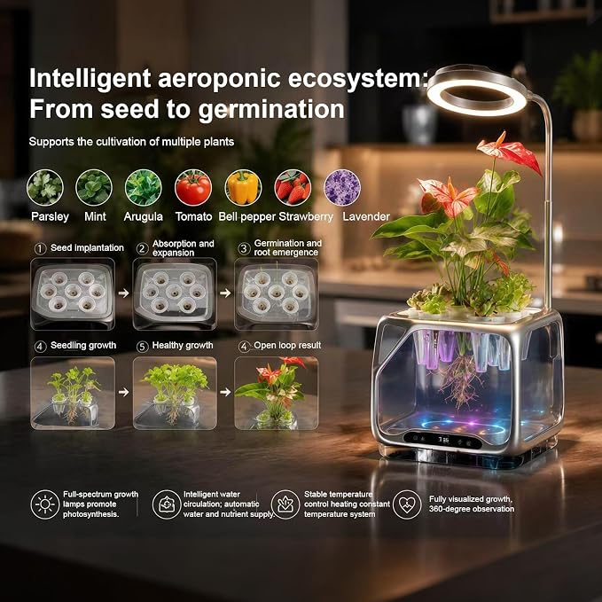Misting Aeroponics Growing System, Smart Indoor Garden with Grow Light & Humidifier, Visual Root View, RGB Mood Light, Temperature Control, Hydroponic Planter Gift for Plant/Mushroom/Herb