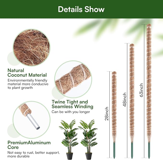 2 Pack 28'' Bendable Moss Pole Monstera Plant Support for Indoor Climbing Plants, Tall Plant Stick Support Stake for Potted Plants, Pothos, Philodendron