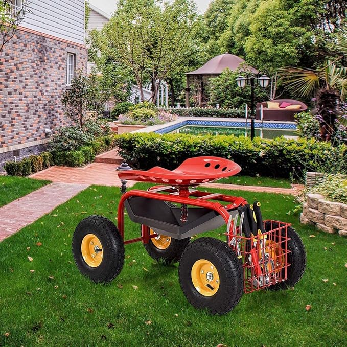 S AFSTAR Rolling Garden Seat, Outdoor Lawn Yard Patio Work Seat with Heavy Duty Wheels, Swivel Seat, Tool Tray & Basket, Garden Cart Wagon Scooter (Red)