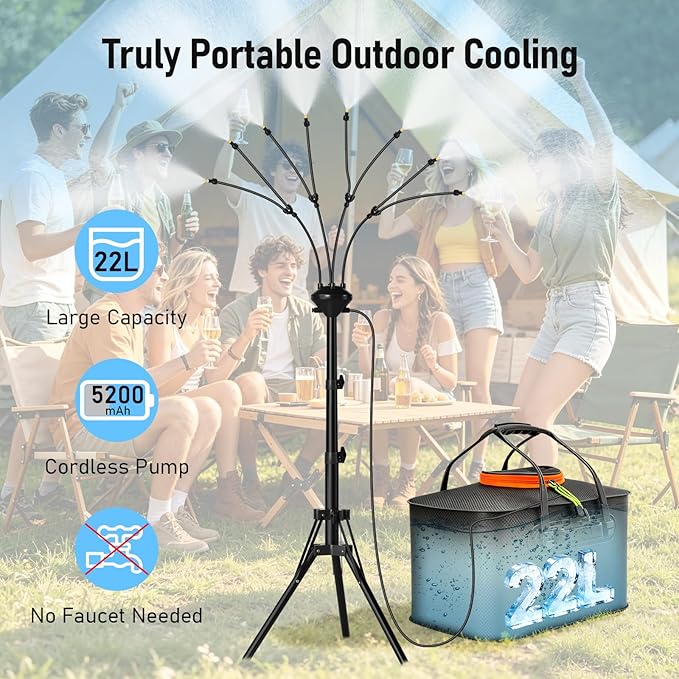 Bonviee 5.3FT Standing Mister for Outside Patio, Portable Misting System with Adjustable Tripod, 5.8Gal/22L Water Tank, 5200mAh Rechargeable Pump & 8 Flex Arm Nozzles for Outdoor Cooling