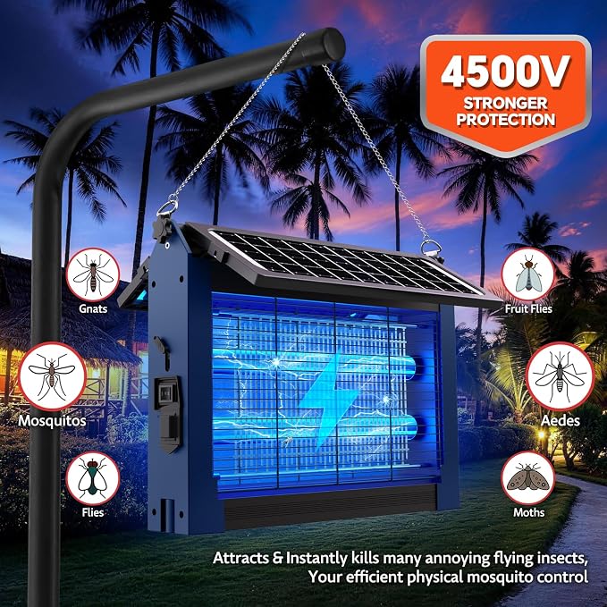 Solar Bug Zapper Outdoor, Dual Solar Panels, 4500V Waterproof Portable Mosquito Zappers, Cordless Fly Trap w/Auto Mode, Rechargeable Mosquitoes Insect Killer for Patio Yard Garden Camping (Blue)