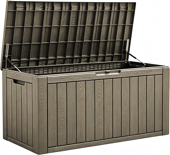 Fancyango 110 Gallon Outdoor Deck Box Waterproof, Large Storage Box for Patio, Resin Storage Bench Lockable for Garden Tools, Package Delivery, Grey