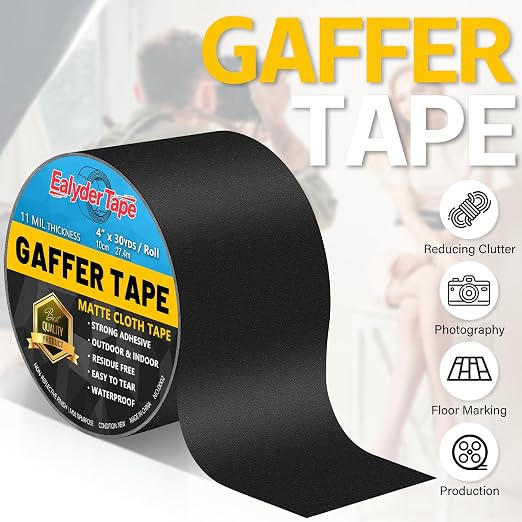 Black Gaffers Tape 4 Inch x 30 Yards - Heavy Duty, Waterproof, No Residue, Non-Reflective, Easy Tear Gaffers Stage Tape - Multipurpose