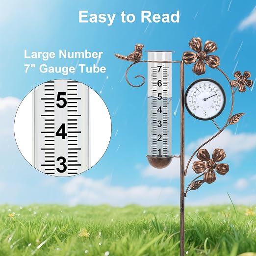 Rain Gauge Outdoor with Thermometer Garden Decor, Bird Decorative Outdoor Rain Gauges for Yard Patio Lawn Garden