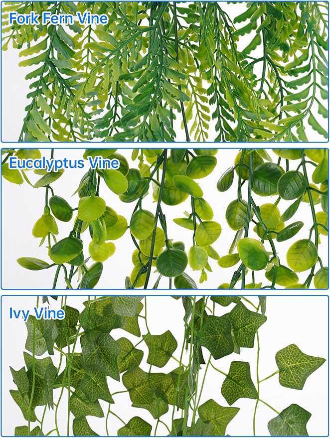 NiHome 8-Pack Artificial Hanging Plants, Fake Plant Hanger Indoor Outdoor Decor with 6 Ivy 1 Eucalyptus 1 Fork Fern Vines, Water-Resistant Faux Hanging Plant for Ceiling Wall Patio Garden Home Decor