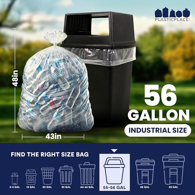 Plasticplace 56 Gallon Trash Bags - Clear High Density Garbage Bags - Heavy Duty, Scent-Free, Large Trash Can Liners for Kitchen, Commercial, & Garden Use 16 Microns, Leak-Proof, 43" x 48" (150 Count)