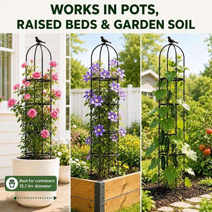OTOSUNNY 2 Pack Garden Obelisk Trellis for Climbing Plants Outdoor, 6.3 ft Tall Metal Garden Trellis for Roses Clematis Cucumber Vines, Plant Support Tower for Pots Patio Yard, Black
