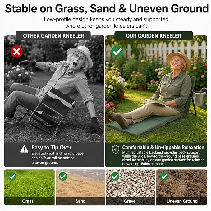 Garden Kneeler with Back Support, Foldable Extra Thick Kneeling Pad for Gardening, Lightweight Garden Seat Pad for Weeding, Planting, Yard Work, Gardening Gifts for Women Seniors, Green