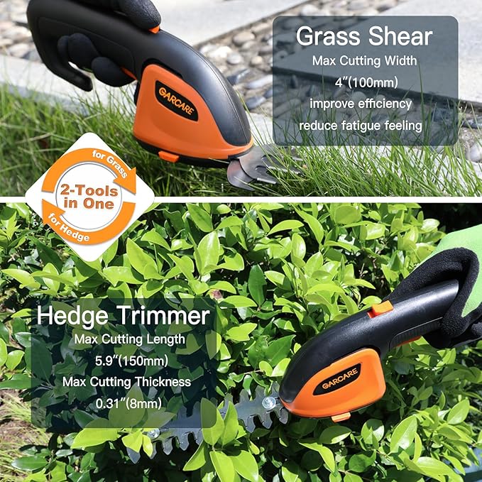 GARCARE 2-in-1 Cordless Grass Shear & Shrub Trimmer, 7.2V Lightweight Handheld Grass Trimmer, Cordless Trimmer for Bushes with 2000mAh Battery & Type-C Charging