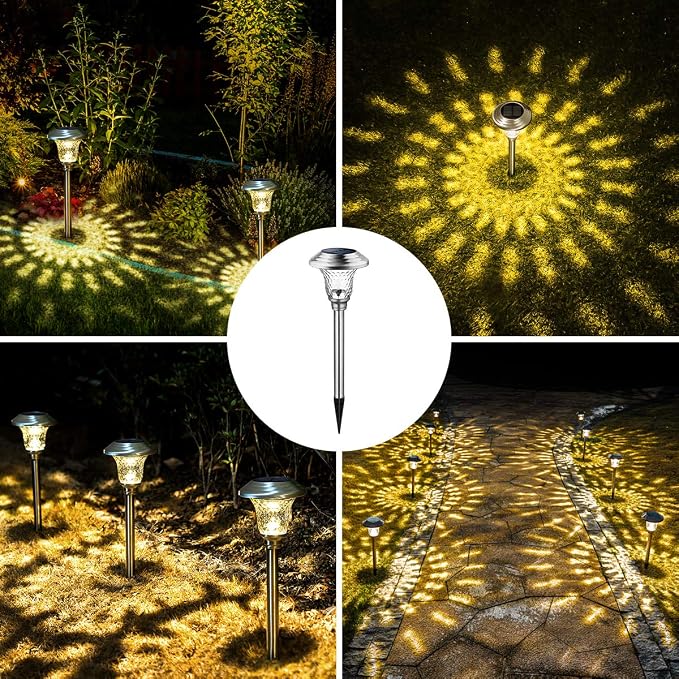 GIGALUMI 8 Pack Solar Pathway Lights, Solar Garden Lights Outdoor Warm White, Waterproof Led Path Lights for Yard, Patio, Landscape, Walkway (Stainless Steel)