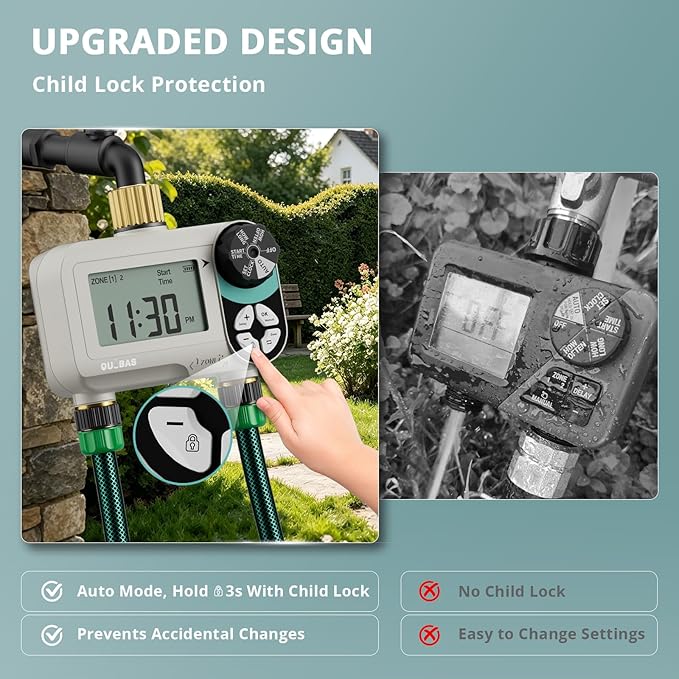 QUOBAS Zero Pressure Sprinkler Timer with Child Lock, Programmable Water Timer for Garden Hose Faucet with Brass Ports, Rain Delay/Manual/Auto Irrigation System, 2 Zone Watering for Rain Barrel
