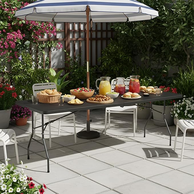 PayLessHere | 8FT Folding Table | Portable Plastic Table with Carry Handle | Waterproof & Foldable Table Design | Steel Frame with Lock | Black | for Events, Camping, Indoor & Outdoor Use