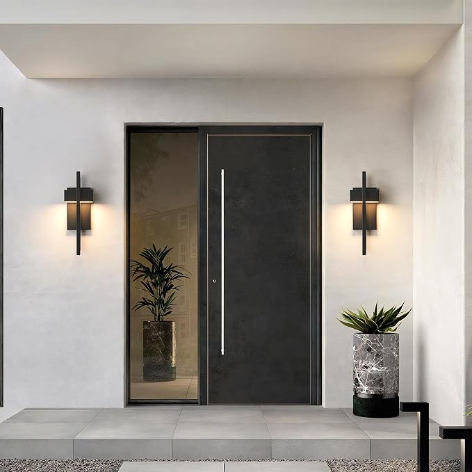 Modern Outdoor Wall Lights 3000K Integrated LED Outdoor Wall Sconces Lighting, Contemporary Exterior Lighting Fixtures Outside Wall Mount Lights for House Porch Front Door Garage, Matte Black 2 Pack