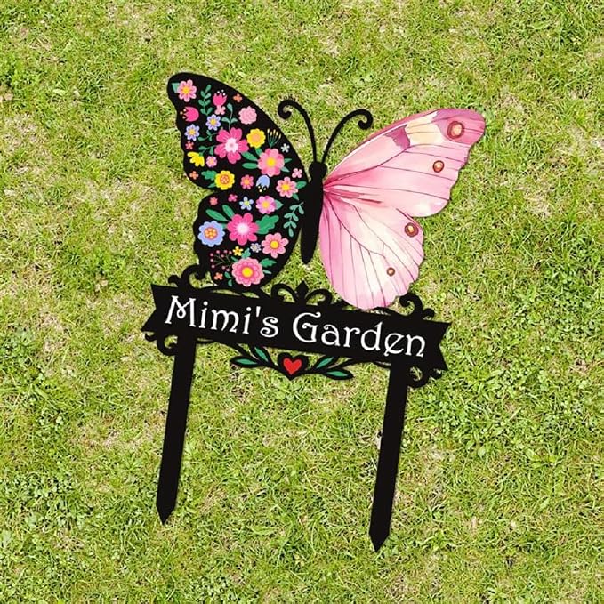 Personalized Metal Yard Sign, Butterfly Metal Stake Decor, Bird & Flower Design, Gift for Garden Lovers, Garden Decor (Pink butterfly)