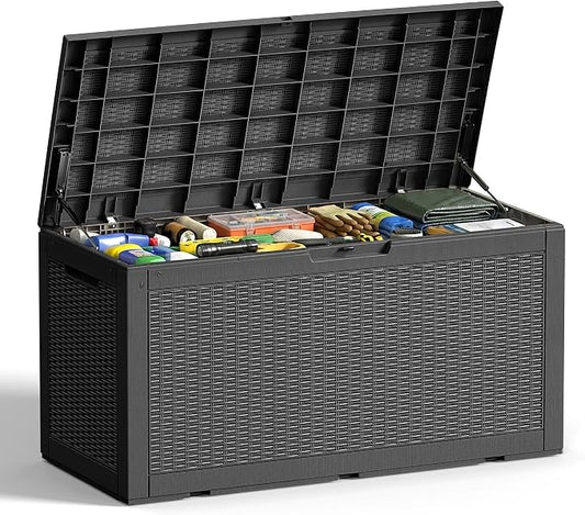 EFU Outdoor Storage Box 100 Gallon Deck Box Resin Outdoor Toy Storage With Lockable Lid, Hydraulic Struts, Rattan Style Package Delivery Boxes for Outside Patio Yard Garden (Black)