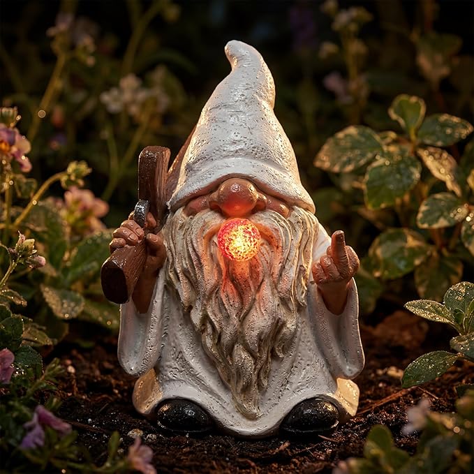 EXYGLO Solar Gnome Garden Statue Decor, 5.7" Middle Finger Gnome with Flickering Cigar Outdoor Funny Decoration for Lawn, Patio, Yard, and Unique Housewarming, Individual Birthday Ornament Gift