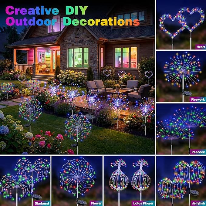 btfarm 4 Pack Solar Garden Lights Outdoor 8 Modes, 120 LED Firework Lights Solar Powered, Waterproof Twinkle Fairy Light Outside for Yard Pathway Lawn Pool Patio Christmas Decorative, Multicolor