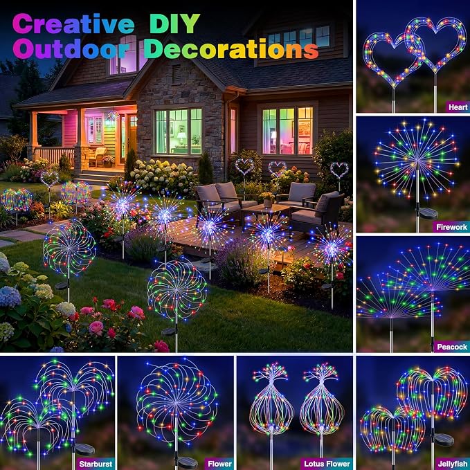 btfarm 10 Pack Solar Garden Lights Outdoor, 8 Modes Firework Lights Solar Powered, Waterproof Twinkle Fairy Light Outside for Yard Patio Pathway Pool Christmas Party Decorative, Multicolor
