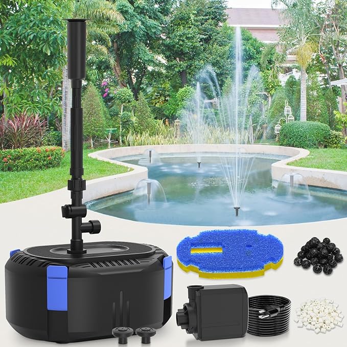 AquaMiracle Pond Filter with Pump Fountain Kits | 550GPH Pond Filter with Pond Pump & Fountain Kit | 3 Spray Patterns | Water Feature | Koi Pond Filters for Outdoor Ponds 350-500 Gal