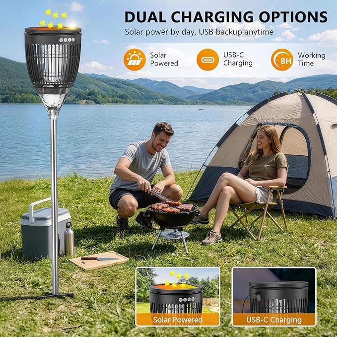 Solar Bug Zapper Outdoor, Jinyeda 4200V Mosquito Zapper with RGB Projector & Flame Lights, Cordless Mosquito Killer, USB Rechargeable Fly Insect Trap Waterproof Lighting Decor for Patio, Garden, Yard