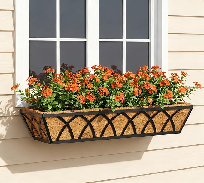 Y&M 4pcs 24 Inch Planter, Metal Window Boxes with Coco Liner, Indoor Outdoor Hanging Flower Planter for Garden, Lawn, Balcony, Porch, Fence, Patio Rail