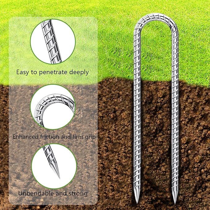 Rebar-Stakes-12-Inch-Galvanized, U Hook Trampoline Stakes 20 Pack Ground Anchors Tent Stakes Heavy Duty for Plants Anti-Rust Landscape Fabric Stakes Artificial Turf