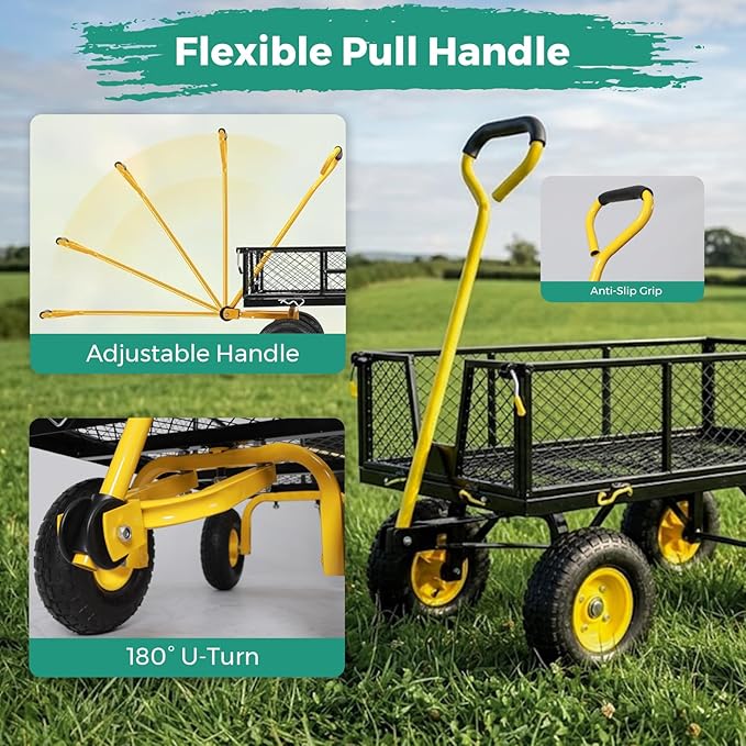 SUNNYFEEL Heavy Duty Garden Cart, 500 LBS Capacity Metal Mesh Utility Wagon with 10" Flat-Free Wheels, Removable Sides, 180 Adjustable Handle, All Terrain Yard Cart for Gardening, Firewood