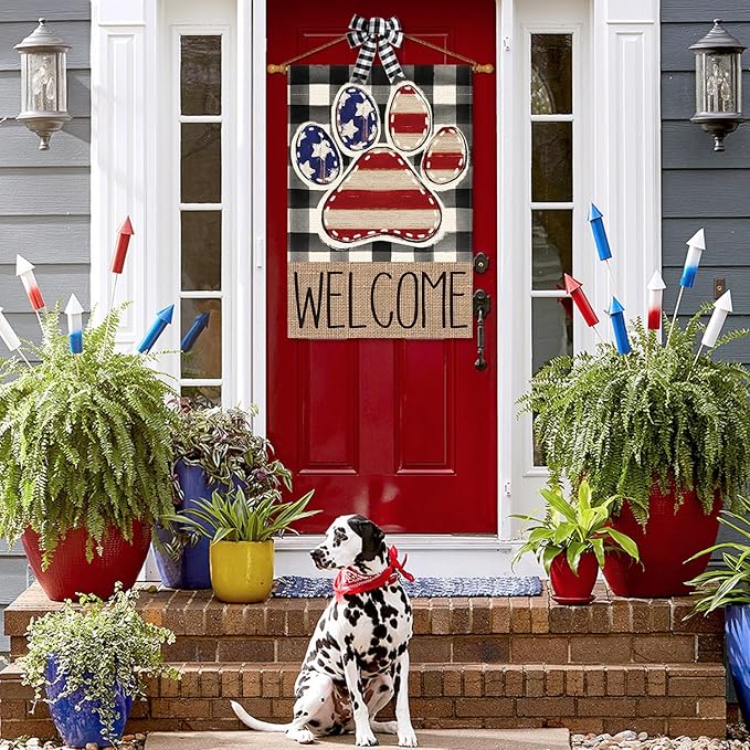 AVOIN colorlife American Flag Paw Print Patriotic 4th of July House Flag 28x40 Inch Double Sided Outside, Welcome Buffalo Plaid Yard Outdoor Decoration