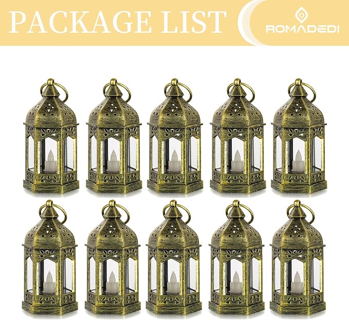 Romadedi Mini Lanterns Decorative for Centerpiece: 10pcs Hanging Small Gold Lantern Bulk with Flickering LED Candles for Wedding Decor Party Table Decorations Christmas Halloween, Batteries Included