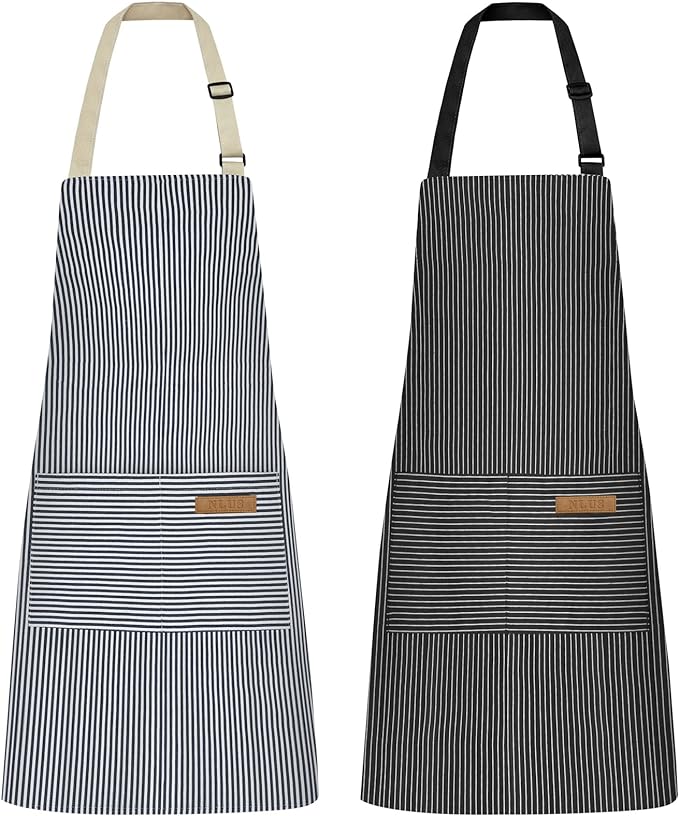 NLUS 2 Pcs Kitchen Cooking Aprons, Poly/Cotton Blend Adjustable Soft Bib Stripe Aprons with 2 Pockets for Women Men Chef (Blue Pinstripes/Black Pinstripes)