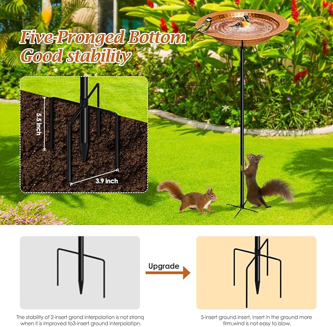 YADOOLIFE Metal Bird Bath Stand for Outdoors Garden, Bird Baths Birdbaths Bowl with Stake, Hand-Hammered Standing Birdbath, 5-Prong Base (Standing Bird Bath)