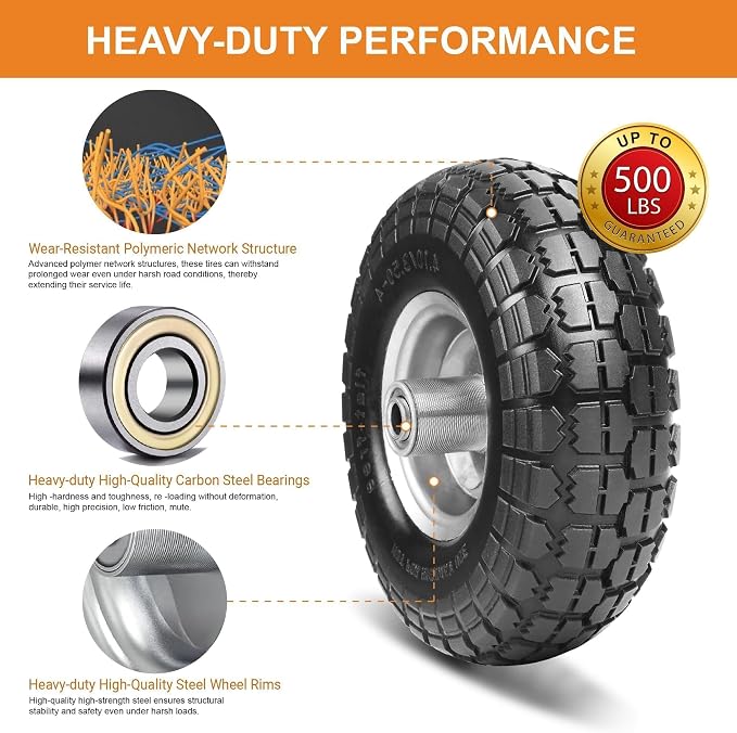 4.10/3.50-4 Tire and Dolly Wheel Flat Free - Solid Rubber Hand Truck Wheels 5/8" Axle - Gorilla Cart Tires Replacement for Garden, Wagon, Yard and Wheelbarrow (10 Inch 2 Pack)