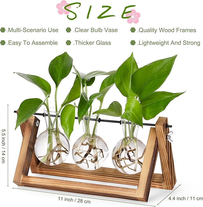 YIBOT Plant Propagation Stations with Wooden Stand & 3 Glass Bulb Vases | Plant Terrarium for Indoor Plants, Home Office Desk Decor, Gardening Gifts for Women Mom, Birthday Gifts for Plants Lovers