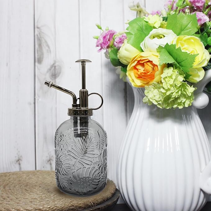Glass Plant Mister Spray Bottle, 350ML Vintage Plant Spritzer, Succulent Watering Bottle Glass with Top Pump, Small Plants Sprayer Watering Can for Indoor (Gray)