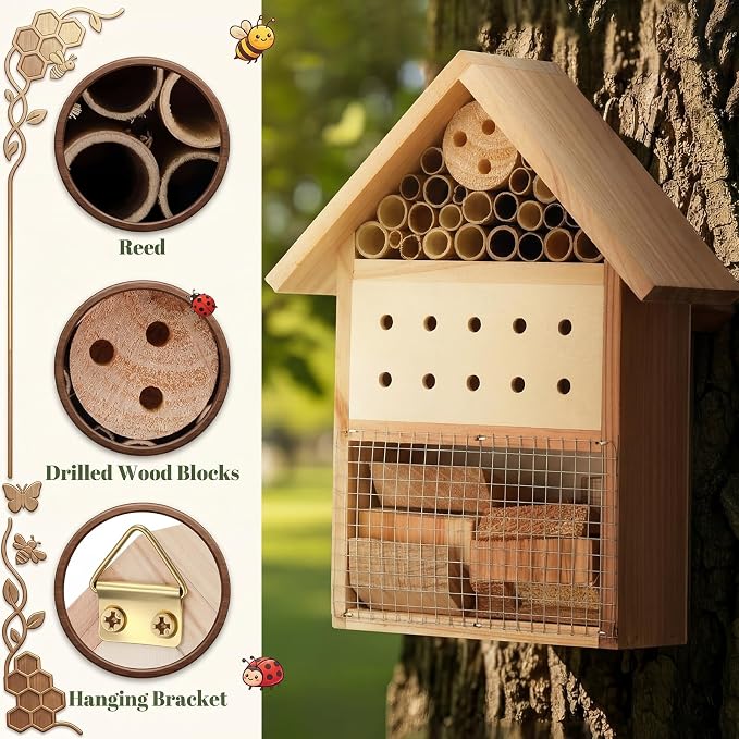 2 Pcs Wooden Bee Houses for Garden Insect Hotel for Ladybug, Mason Bee, Bugs Outdoor Hanging Natural Beneficial Insect Habitat for Garden and Yard, 9.8 x 7.8 x 2.95 Inch