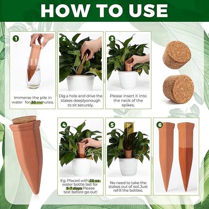 3 Pcs 4.9'' 5.9'' 6.7'' Terracotta Watering Spikes with Lid Automatic Plant Waterer Vacation Friendly Self Watering Planter Insert Plant Water Devices for Indoor Outdoor Plants, 3 Sizes